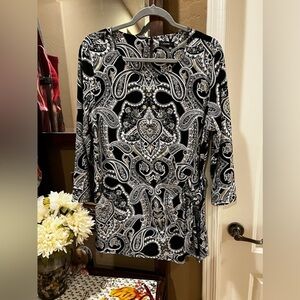 COCOMO Women's XL Black White Gold Paisley Print Tunic 3/4 Sleeve Faux Side Tie